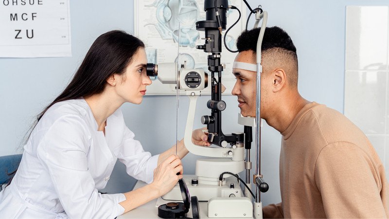 Bác sĩ kiểm tra mắt cho bệnh nhân, chăm sóc mắt sau mổ đúng cách và tái khám định kỳ
