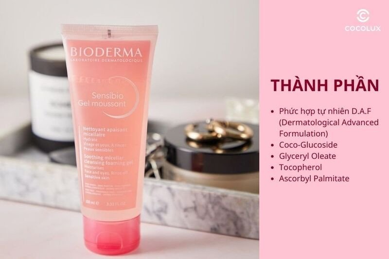 Bảng liệt kê các thành phần chính trong sữa rửa mặt Bioderma Sensibio Gel Moussant