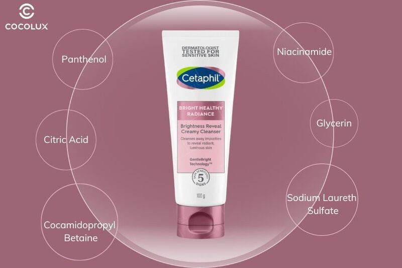 Bảng liệt kê các thành phần chủ đạo trong sữa rửa mặt Cetaphil Bright Healthy Radiance, nhấn mạnh Niacinamide và chiết xuất hoa thủy tiên trắng