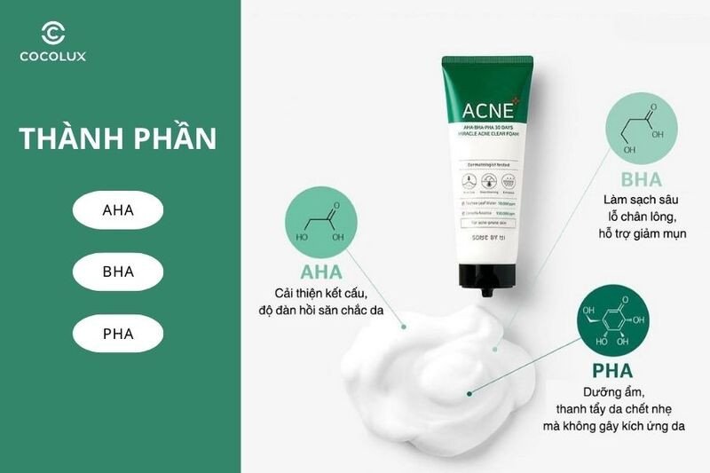 Bộ ba hoạt chất AHA, BHA, PHA trong sữa rửa mặt Some By Mi Acne làm sạch sâu