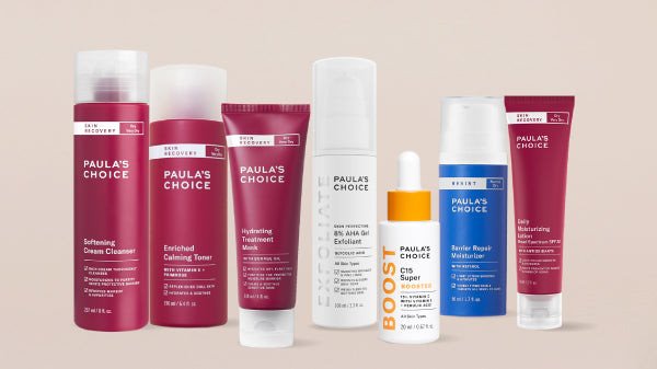 Các sản phẩm dưỡng da bao gồm gel AHA và mặt nạ dành cho da khô sau khi tẩy da chết