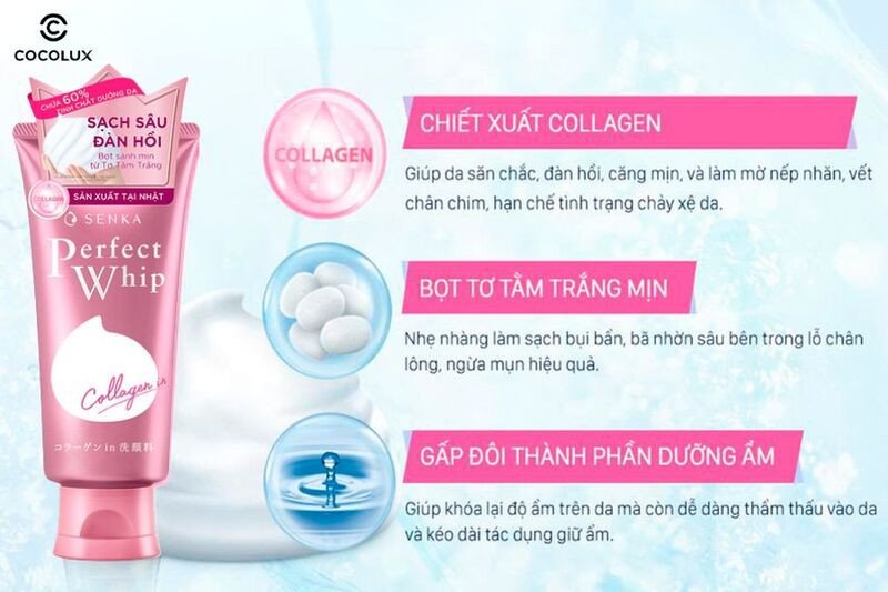Các thành phần chính Sữa Rửa Mặt Senka Perfect Whip Collagen 120g gồm collagen và kén tơ tằm trắng