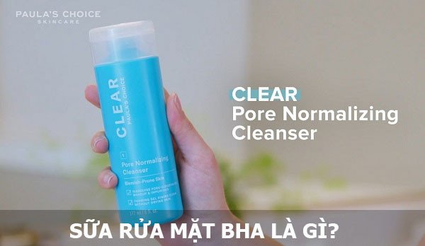 Chai sữa rửa mặt chứa BHA trên nền trắng, biểu tượng làm sạch sâu cho da dầu mụn.