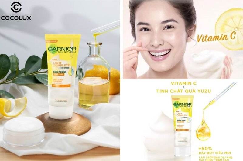 Chai sữa rửa mặt Garnier Vitamin C YuzuLemon với thiết kế dạng chai bơm tiện lợi, màu vàng tươi sáng