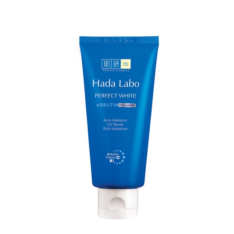 Chai sữa rửa mặt Hada Labo Perfect White với thiết kế đơn giản, tập trung vào thành phần Arbutin dưỡng sáng