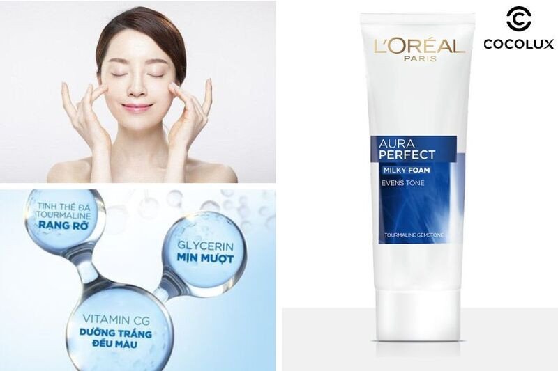 Chai sữa rửa mặt L'Oreal Aura Perfect Milky Foam với tông màu trắng và xanh, mang lại cảm giác tươi mát và thanh lịch