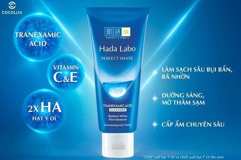 Công dụng làm sạch và dưỡng sáng của sữa rửa mặt Hada Labo Perfect White màu xanh dương