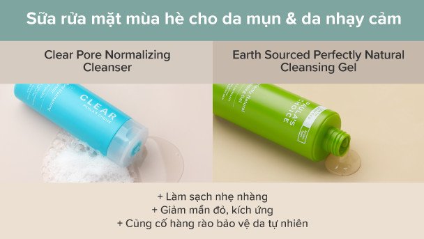 Hai chai sữa rửa mặt chuyên biệt cho da mụn và nhạy cảm, gợi ý giải pháp làm sạch da mùa hè.