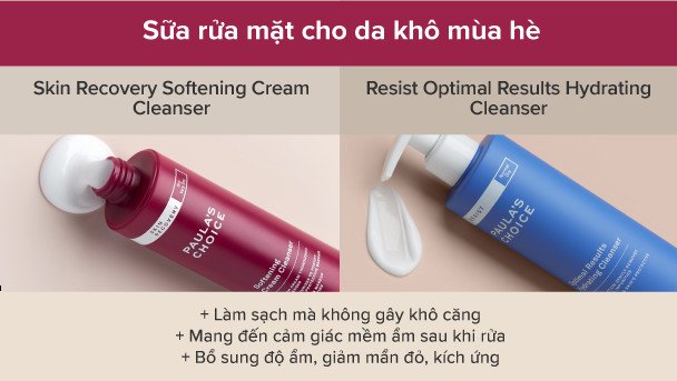 Hai chai sữa rửa mặt dành cho da khô, minh họa giải pháp cấp ẩm và làm dịu da trong mùa hè.