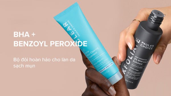 Hình ảnh bộ đôi sản phẩm đặc trị mụn, với các chai lọ có thiết kế đơn giản, tập trung vào hiệu quả sản phẩm