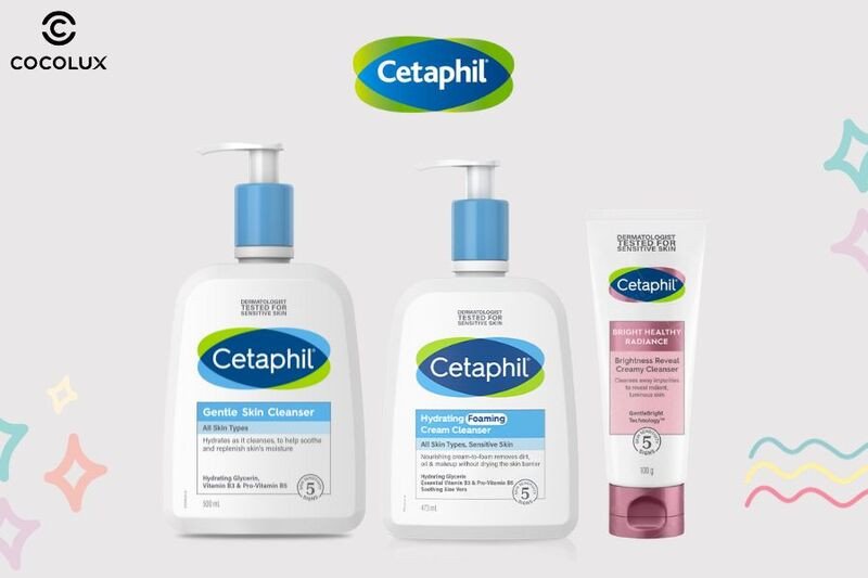 Hình ảnh các loại sữa rửa mặt Cetaphil phổ biến trên thị trường, bao gồm dòng Gentle Skin Cleanser và Bright Healthy Radiance