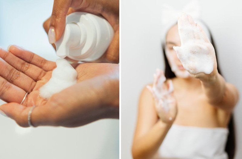 Hình ảnh một sản phẩm sữa rửa mặt được đặt trên tay, tượng trưng cho việc lựa chọn sữa rửa mặt phù hợp cho da dầu mụn