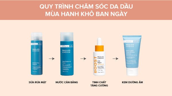 Hình ảnh quy trình chăm sóc da dầu ban ngày, có các chai lọ mỹ phẩm sắp xếp theo thứ tự sử dụng