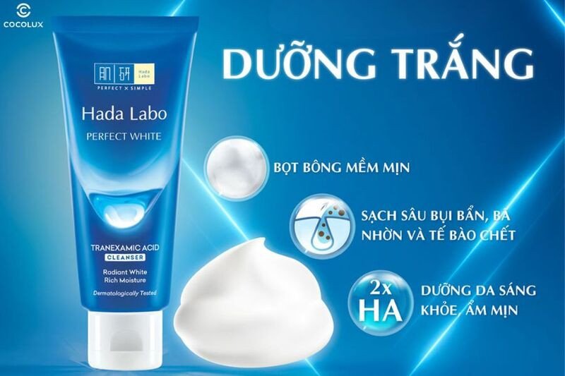 Kết cấu kem của sữa rửa mặt Hada Labo Perfect White màu xanh dương