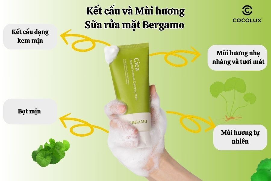 Kết cấu kem mịn, tạo bọt dày và mùi hương rau má của Sữa rửa mặt Bergamo Cica