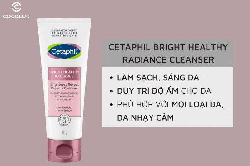 Minh họa các công dụng chính của sữa rửa mặt Cetaphil Bright Healthy Radiance, bao gồm làm sạch sâu và dưỡng sáng da hiệu quả