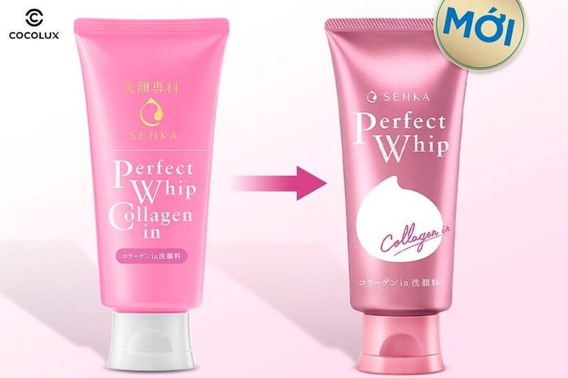 Thiết kế bao bì Sữa Rửa Mặt Senka Perfect Whip Collagen 120g màu hồng bắt mắt, thông tin rõ ràng