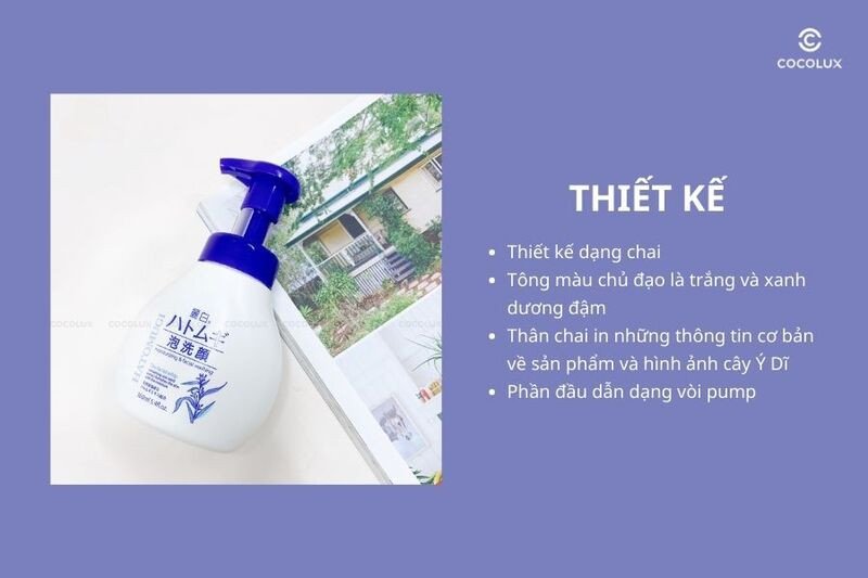 Thiết kế chai bọt rửa mặt Hatomugi Ý Dĩ Dưỡng Ẩm Trắng Da