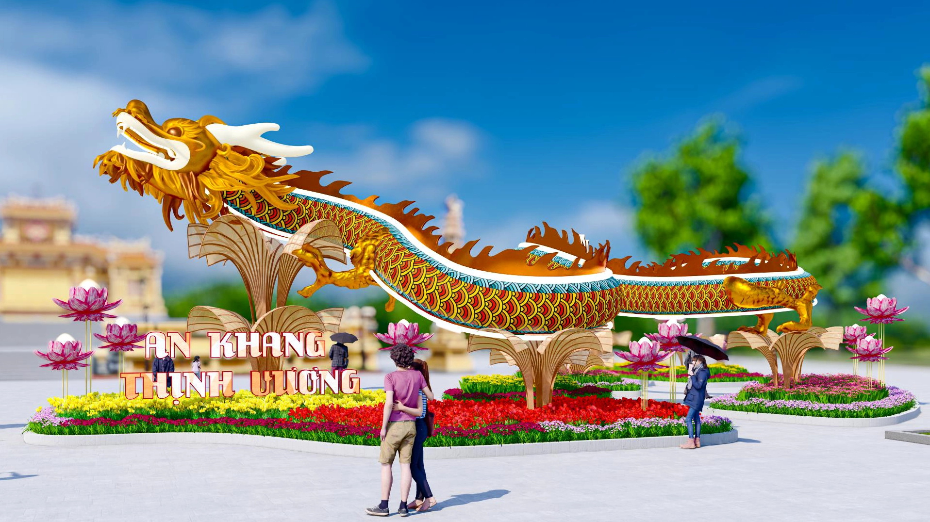 Rồng Vàng Huế: Biểu Tượng May Mắn và Văn Hóa Độc Đáo Du khách chụp ảnh cùng Rồng Vàng Huế